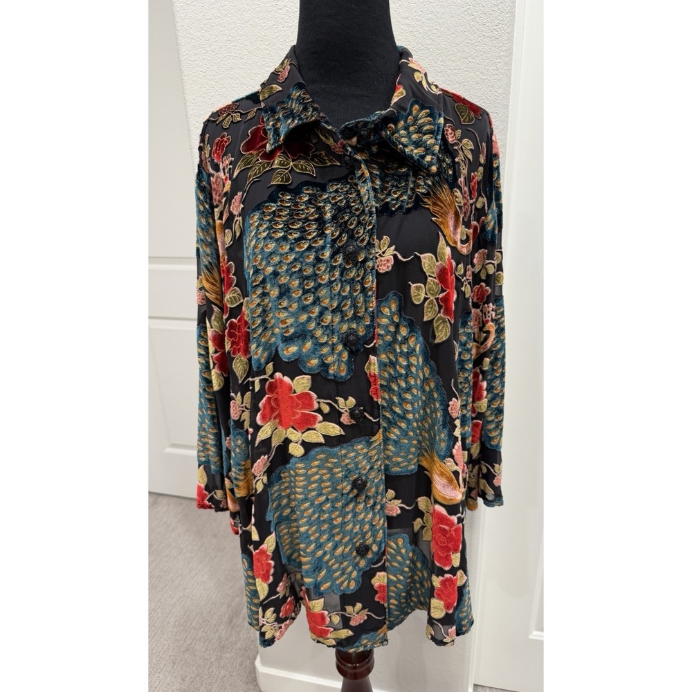 URU Silk & Rayon Blend Velvet Burnout Peacock Blouse VL Button-front Art to Wear
